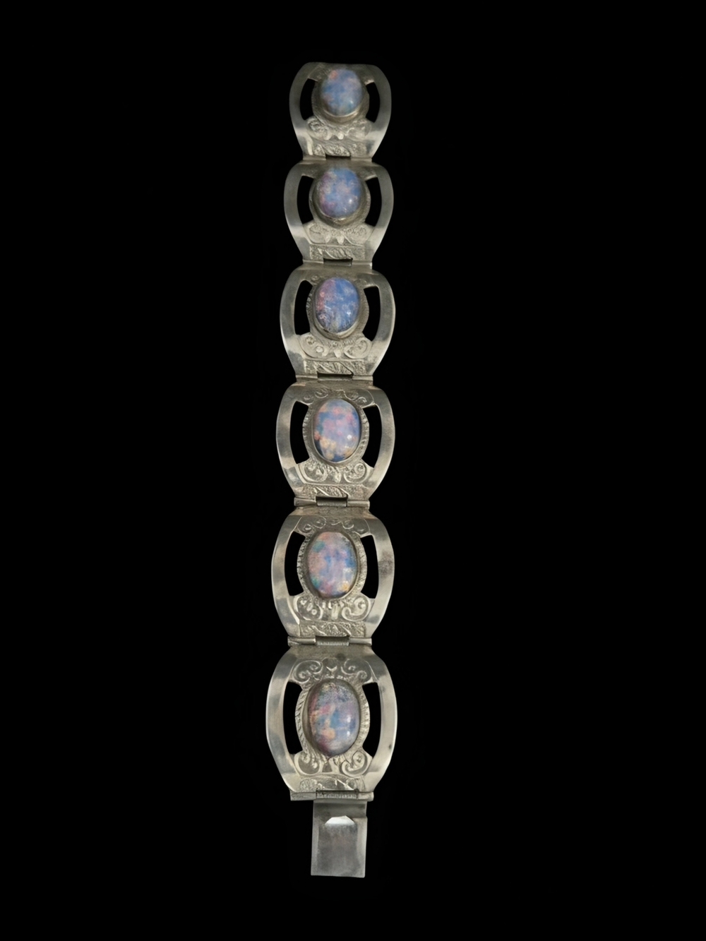 Vintage 1950s Mexican Alpaca Panel Link Bracelet, Faux Foil Opal Dragon's Breath